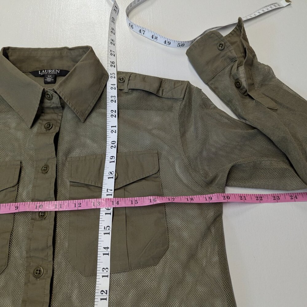 Ralph Lauren Size Small Army Green Sheer Netted Button Down Blouse - Picture 12 of 12